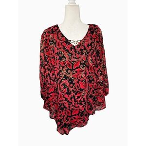 I.N. Studio Woman 2X Black Red Gold Scroll Sheer Handkerchief Hem Blouse